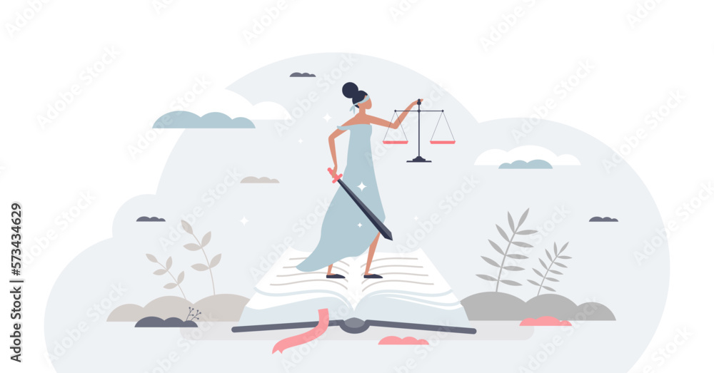 Justice and fair decision with equality principles tiny person concept, transparent background. Femida female as truth symbol for lawyer, advocates and judge illustration. Blind female sculpture.