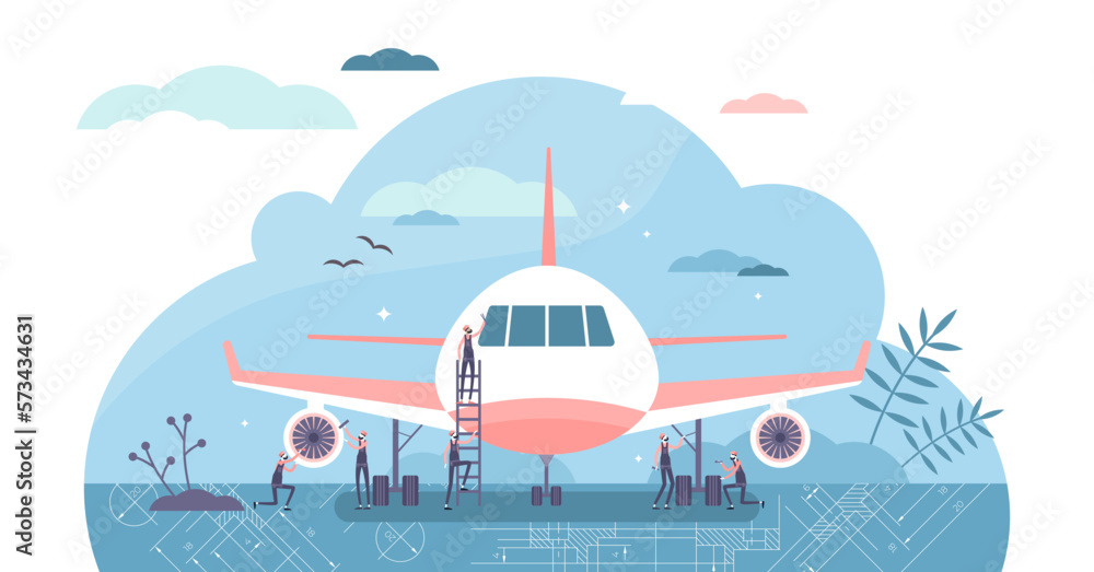 Aerospace engineer illustration, transparent background. Maintenance workers flat tiny persons concept. Service work with civil or cargo airplane.