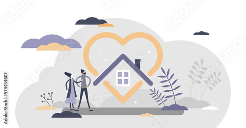 Home love as protected or safe house and cosy feeling tiny person concept, transparent background. Real estate with emotional attraction or nostalgic residence illustration.
