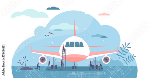 Aerospace engineer illustration, transparent background. Maintenance workers flat tiny persons concept. Service work with civil or cargo airplane.