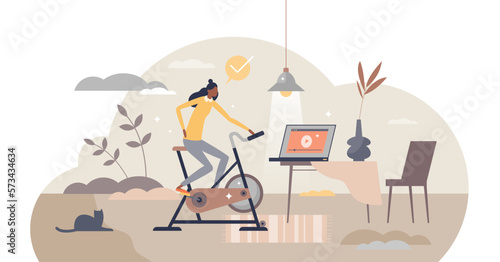 Stationary bicycle and indoor cycling activity trainer tiny person concept, transparent background. Female sport equipment for cardio workout illustration. Bike training exercise as fitness.