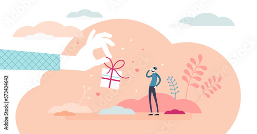 Gift concept,flat tiny person illustration, transparent background.Stylized abstract scene with large hand giving gift and receiving man as customer or person in need.Charity donation.