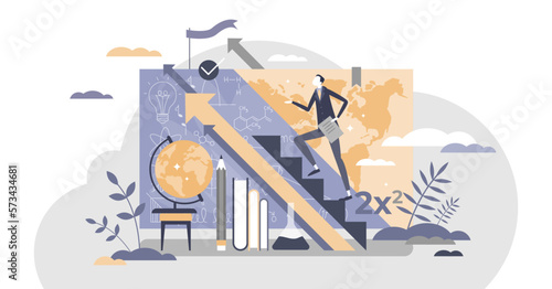 Teacher upskilling as male skill qualification progress and development tiny person concept, transparent background. Education and knowledge growth.