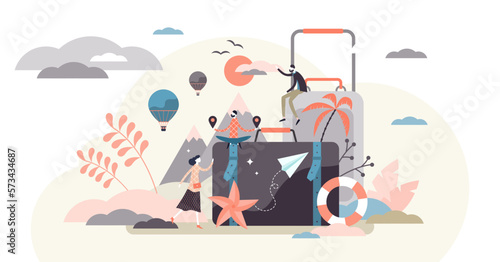 Vacation concept, flat tiny person illustration, transparent background. Happy leisure time trip planning. Abstract outdoor scene with tourists, luggage and marine elements.