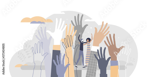Social diversity as multicultural and race raised hands tiny person concept, transparent background. Different skin color, various gender, culture and ethnic groups united.