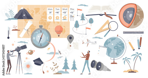 Geography study elements, travel map and geology items tiny person collection set, transparent background. Earth and planets knowledge mini scenes with topography.