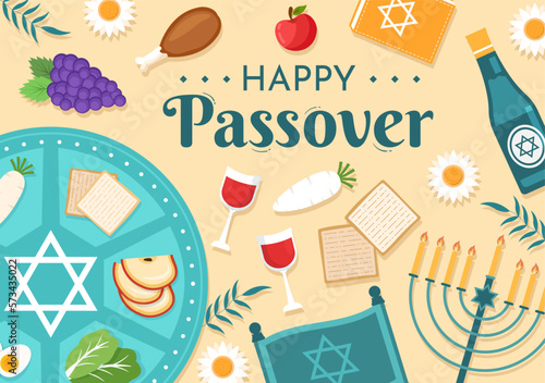 Happy Passover Illustration with Wine, Matzah and Pesach Jewish Holiday for Web Banner or Landing Page in Flat Cartoon Hand Drawn Templates