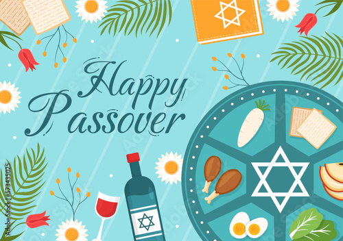Happy Passover Illustration with Wine, Matzah and Pesach Jewish Holiday for Web Banner or Landing Page in Flat Cartoon Hand Drawn Templates