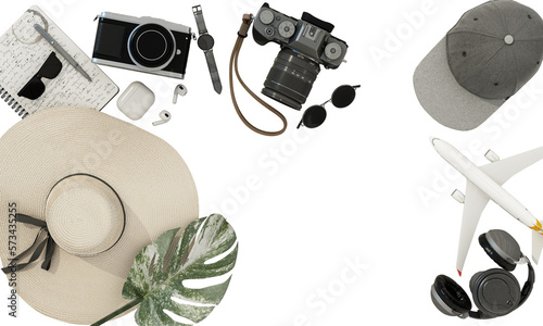 Top view travel concept with retro camera film, sunglasses, hat, sweets and coffee cup. white desk top with copy space Travel essentials vintage tone effect on a white background 3d rendering