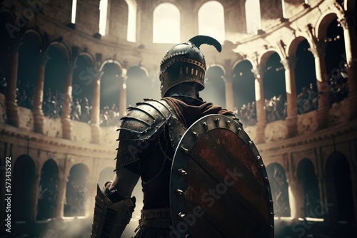 The Triumph and Honor of Being an Armored Gladiator in the Roman Empire A Look into the Gladiatorial Games of the Coliseum Generative AI photo