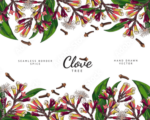 Seamless border with hand drawn clove tree sketch style, vector illustration