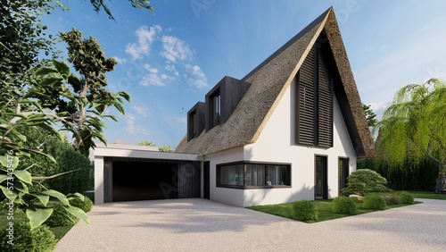 Fotografi Modern house with thatch roofing, reed roof on the house, pool area and garden
