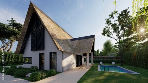 Modern house with thatch roofing, reed roof on the house, pool area and garden. 3D render.