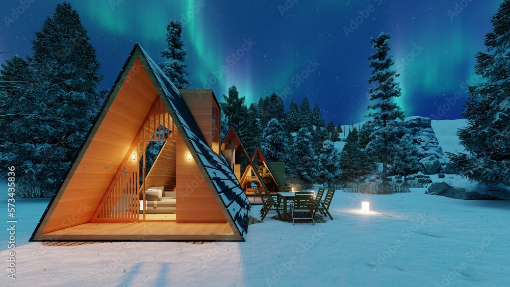  House in the forest in a snowy forest with a view of the northern lights. 3D render.