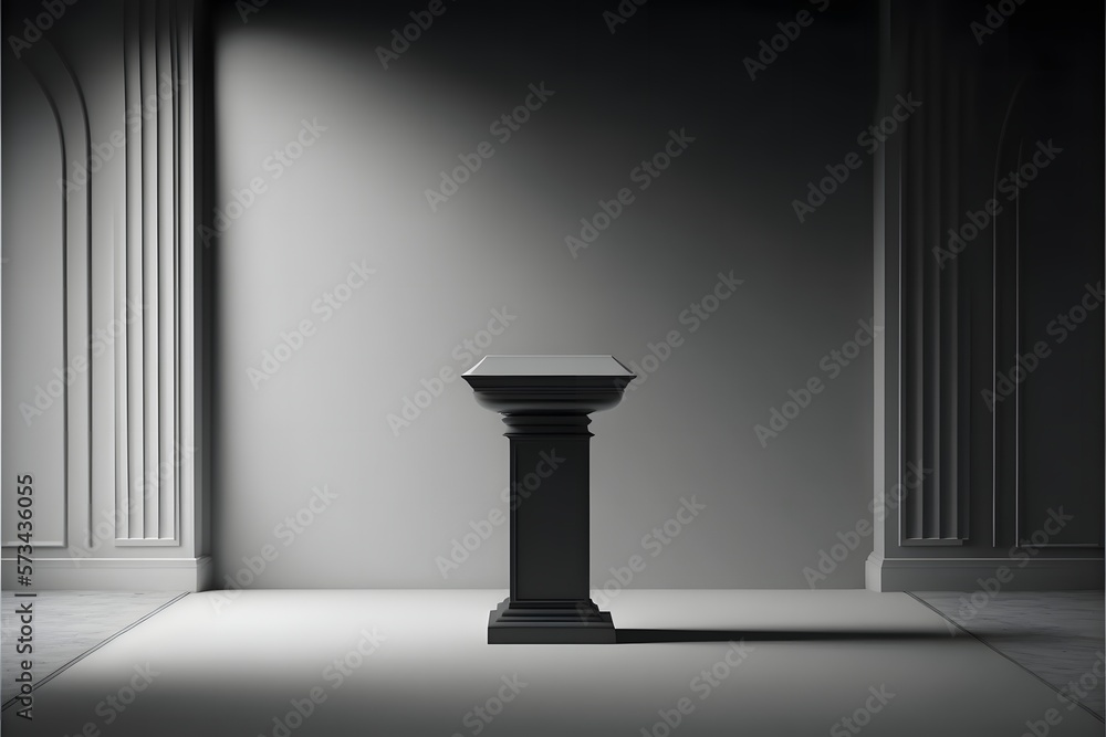 Black Podium/Dias in the center of a dark grey room with a cinematic spotlight for product display/exhibition. Black Podium/Dias in the center of a dark grey room with a cinematic spotlight for product display/exhibition.