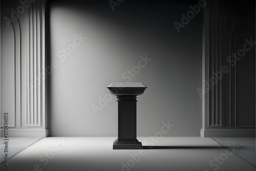 Black Podium/Dias in the center of a dark grey room with a cinematic spotlight for product display/exhibition. © Tarun