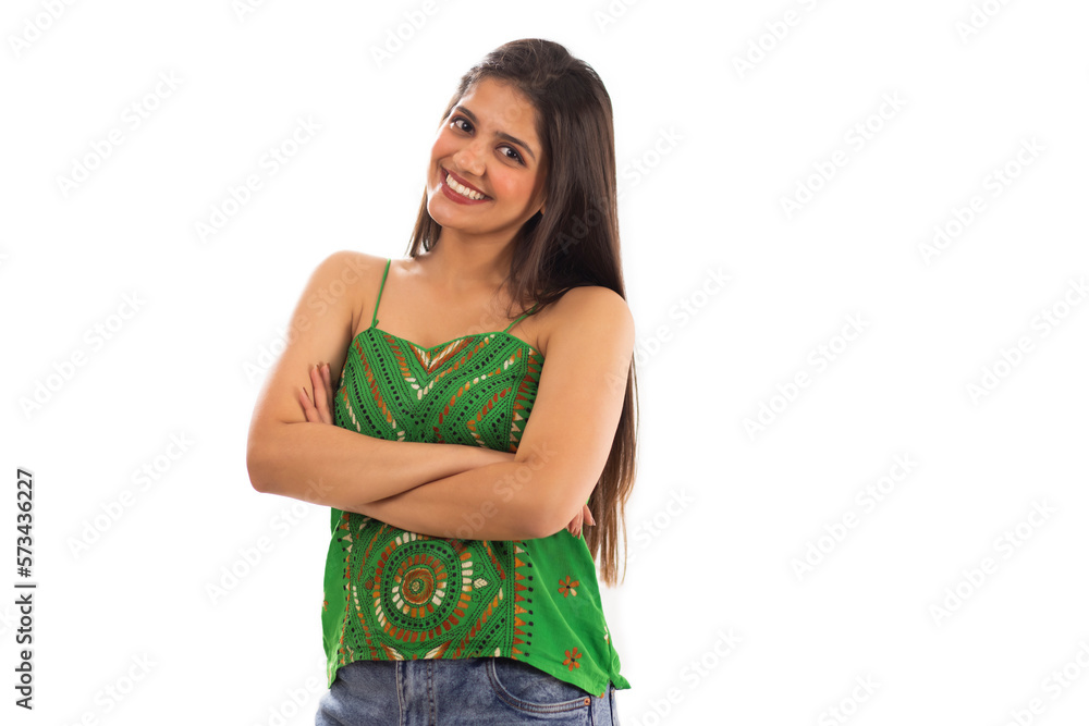 Fototapeta premium Portrait of beautiful woman gesturing against white background