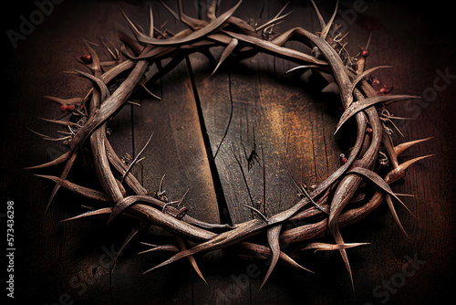The crown of thorns of Jesus on old wood in dark  background. Generative AI.