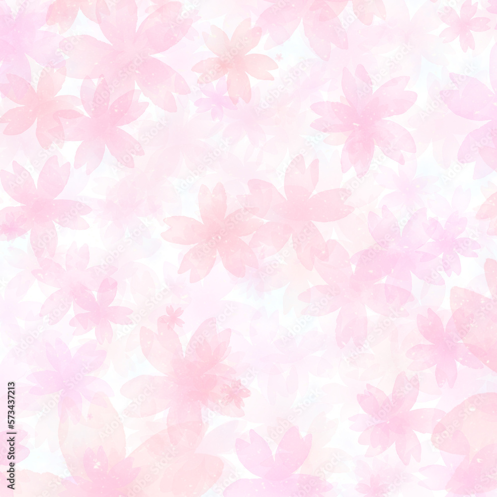 正方形　ぼやけた桜の花が咲き乱れる華やかなピンク色背景