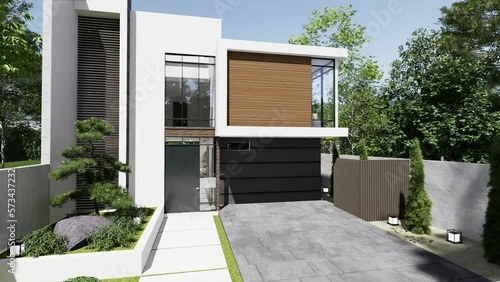 Luxurious modern house with a convenient entrance and a garage, 3d animation. photo