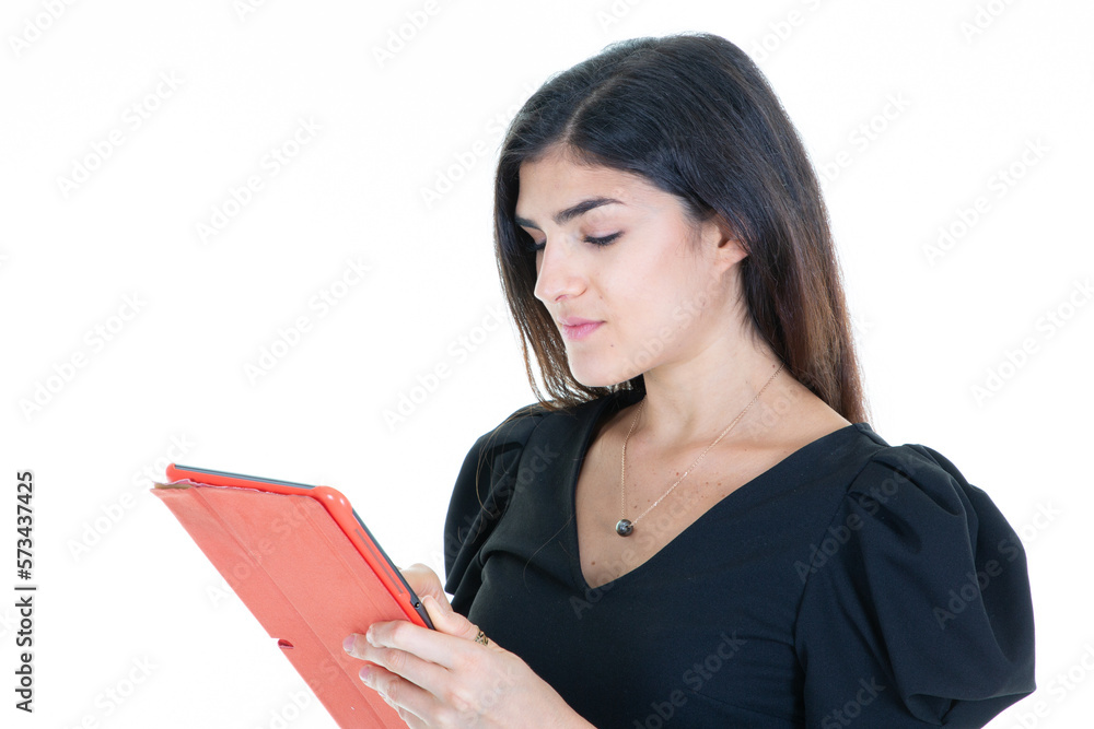 young spanish woman company worker holding digital tablet computer standing on white background young spanish woman company worker holding digital tablet computer standing on white background