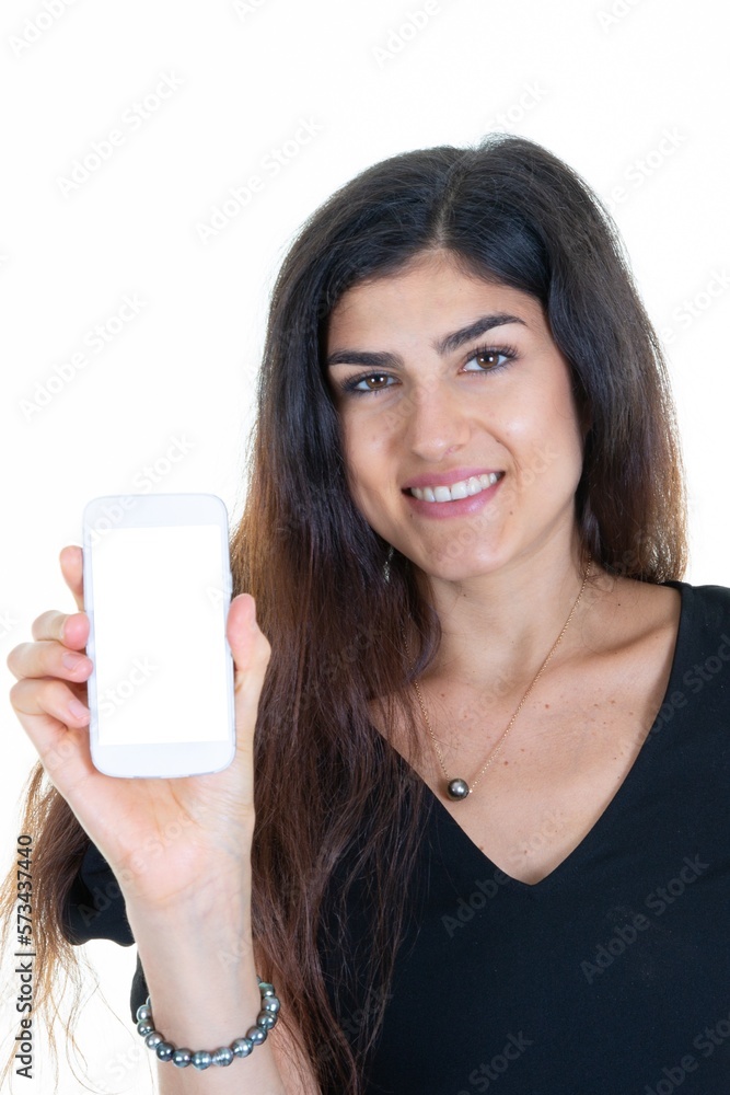 Happy smiling beautiful woman holding mockup advertising mobile phone on white background with empty copy space screen Happy smiling beautiful woman holding mockup advertising mobile phone on white background with empty copy space screen