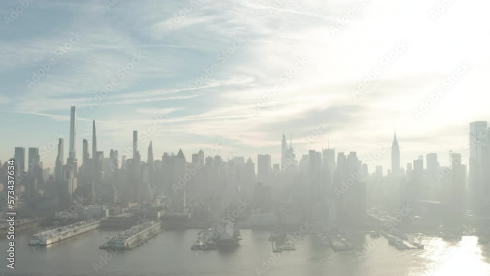 Aerial slider shot along New York city skyscrapers Midtown Manhattan Aerial slider shot along New York city skyscrapers Midtown Manhattan