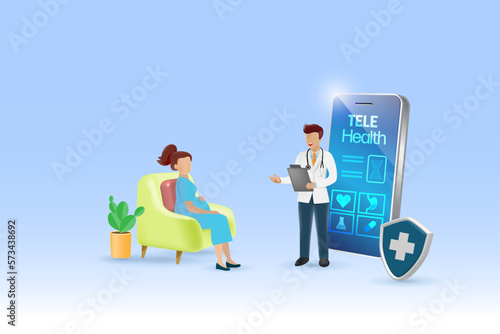 Tele health, online doctor consultation technology. Virtual doctor in medical mobile app give advise to pregnant woman in health problem. Medical and health care service. Vector.