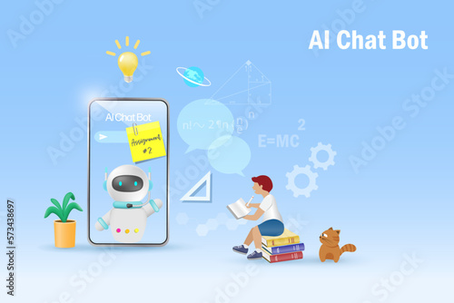 AI chat bot assist kid student doing homework assignment. Artificial intelligence robot generates information and summarize knowledge to accomplish tasks in smart solution. Education Technology.