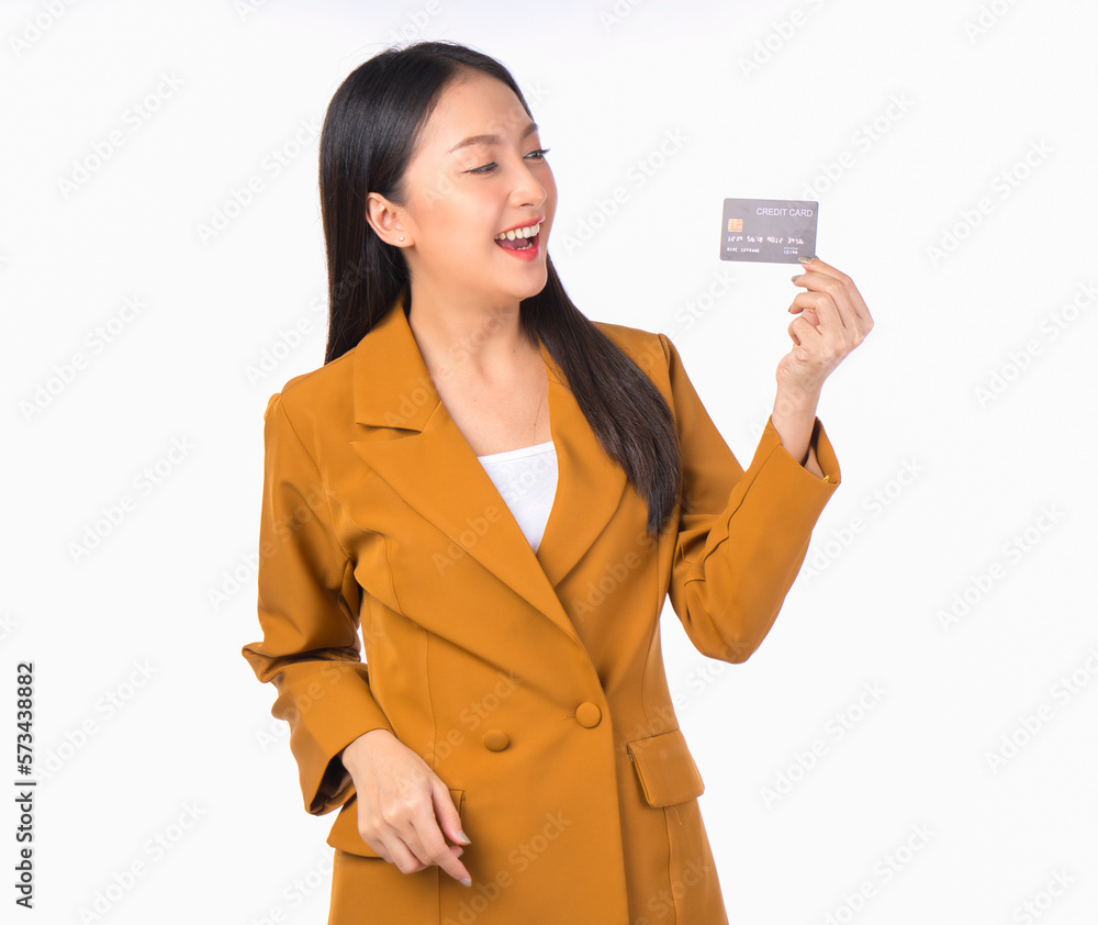 pretty asian woman smile showing presenting credit card for payment or paying online confident money and financial concepts white background pretty asian woman smile showing presenting credit card for payment or paying online confident money and financial concepts white background