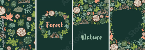 Forest botanical card set. Screen lichen, mosses, stump nature card. Woodland plants vector collection. Ecological background, poster, banner, border, wreath hand drawn design illustration.