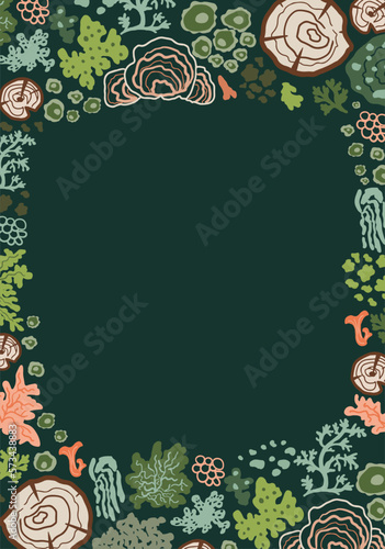 Green forest mosses, lichen frame. Wooden plants, stump botanical nature card, border isolated element. Hand drawn green nature, cute organic woodland design. Vector garden botanical illustration.
