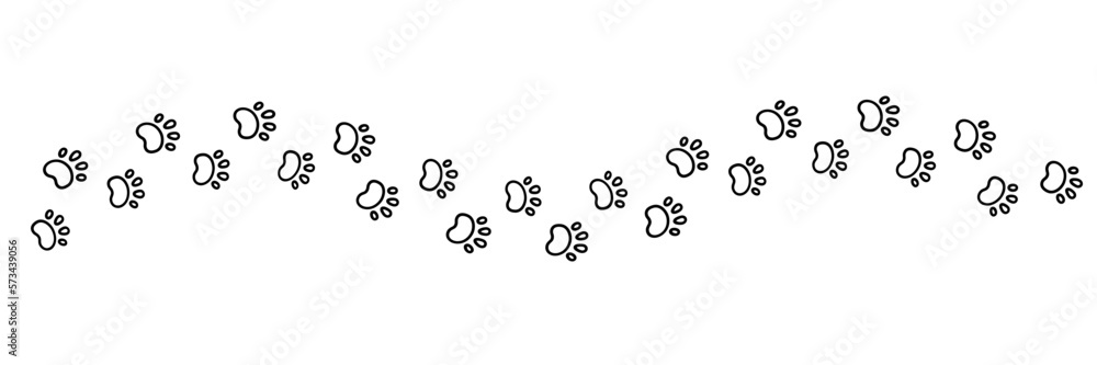 Fototapeta Dog paw print wave line. Cute cat pawprint. Pet foot trail. Black dog step silhouette. Simple doodle drawing. Vector  isolated on white background.