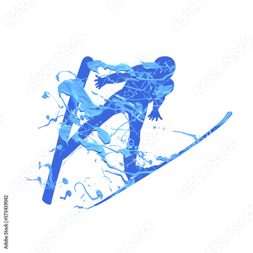 Ski jumping man silhouette. Winter sport vector icon of blue paint.