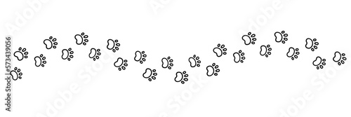 Dog paw print wave line. Cute cat pawprint. Pet foot trail. Black dog step silhouette. Simple doodle drawing. Vector  isolated on white background.
