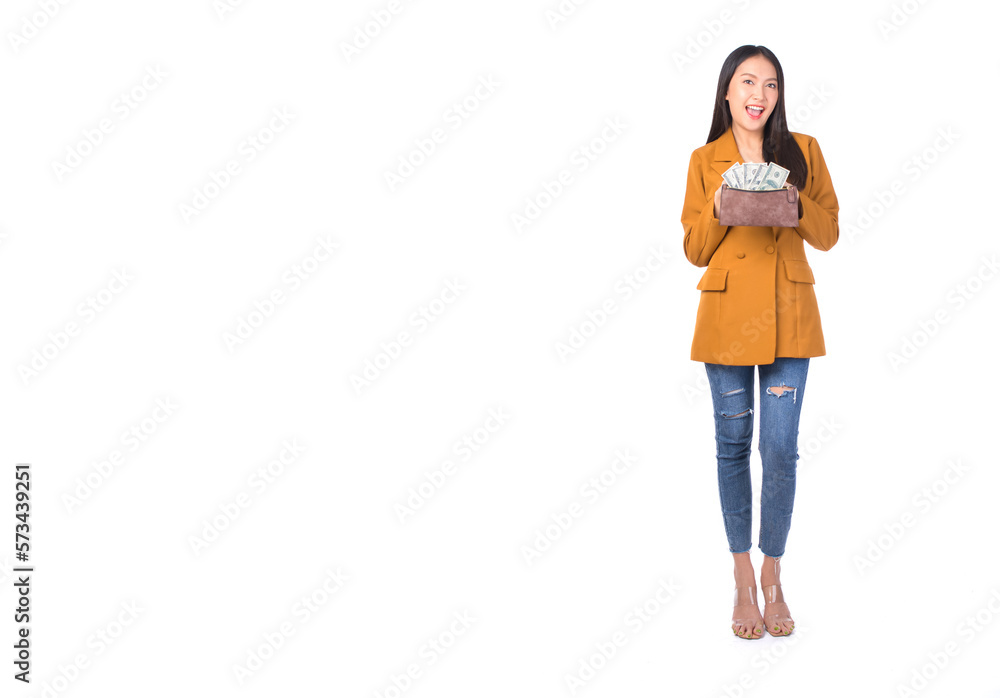 happy asian woman excited holding money banknotes and a wallet cheerful and confident, finance and employment, entrepreneur and money currency payment bill concept.