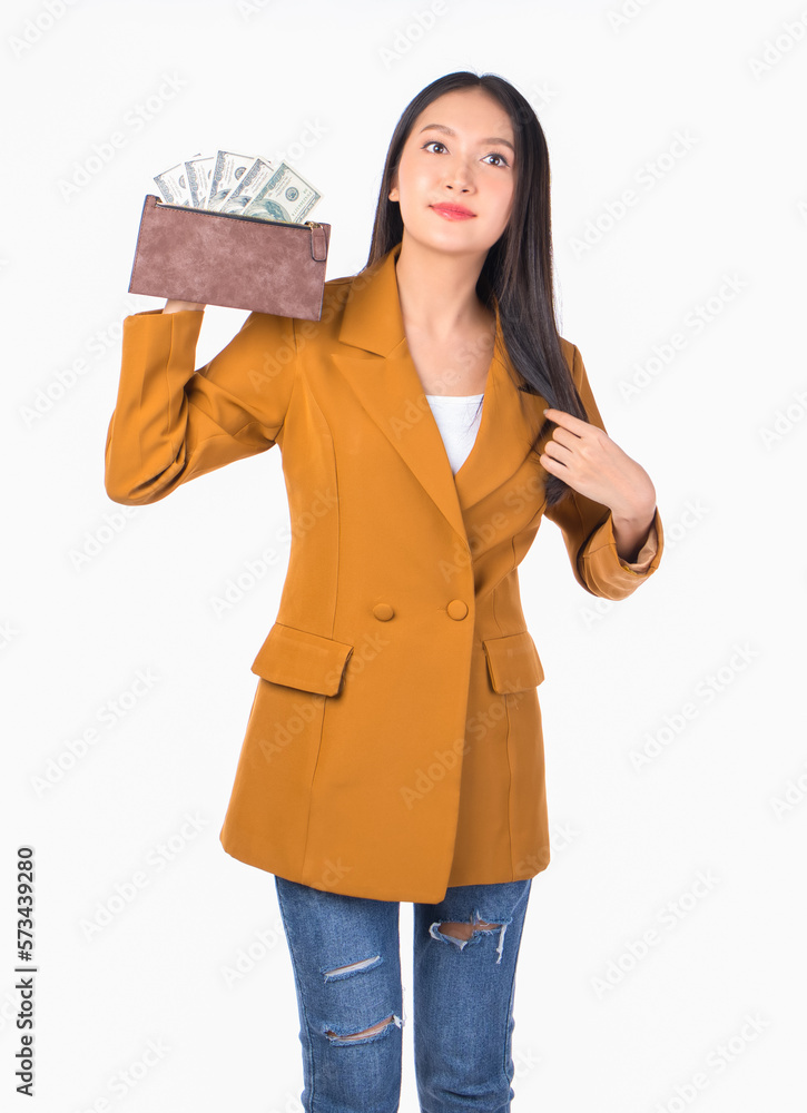 happy asian woman excited holding money banknotes and a wallet cheerful and confident, finance and employment, entrepreneur and money currency payment bill concept. happy asian woman excited holding money banknotes and a wallet cheerful and confident, finance and employment, entrepreneur and money currency payment bill concept.
