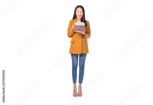 happy asian woman excited holding money banknotes and a wallet cheerful and confident, finance and employment, entrepreneur and money currency payment bill concept.