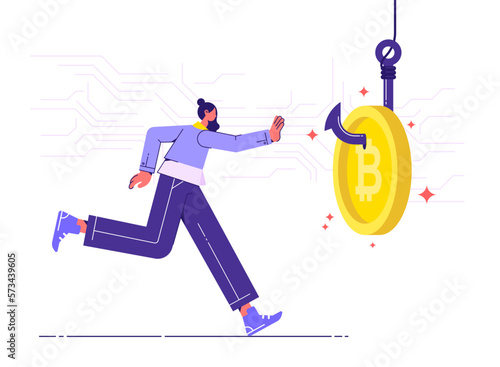 Digital money trap or crypto currency fraud concept, businessman running to grab bating cryptocurrency coin scam