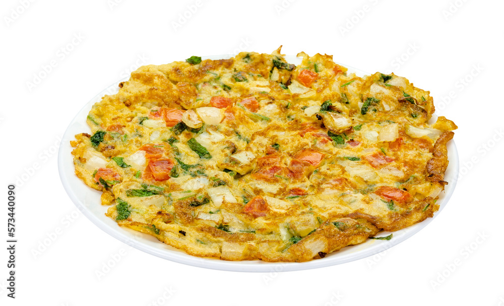 omelet with onion leaves and tomato isolated