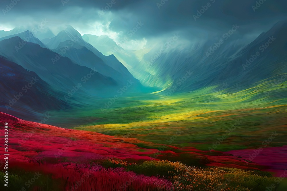 beautiful gradient fantasy landscape art in colorful vivid colors with stormy weather conditions and lightning bolts. perfect for backgrounds and wallpapers. generative ai