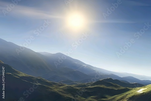 sunny day landscape with moutains. beautiful nature scene. perfect for backgrounds and wallpaper. generative ai