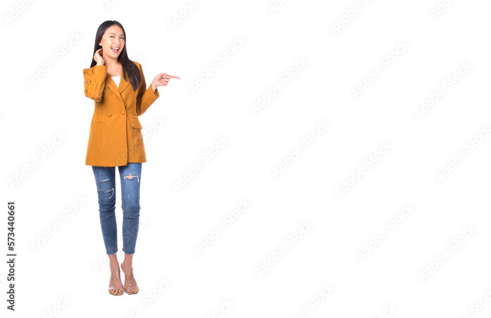 Full length portrait of a young female pretty asian woman positive pointing fingers away while standing white background
Full length portrait of a young female pretty asian woman positive pointing fingers away while standing white background
