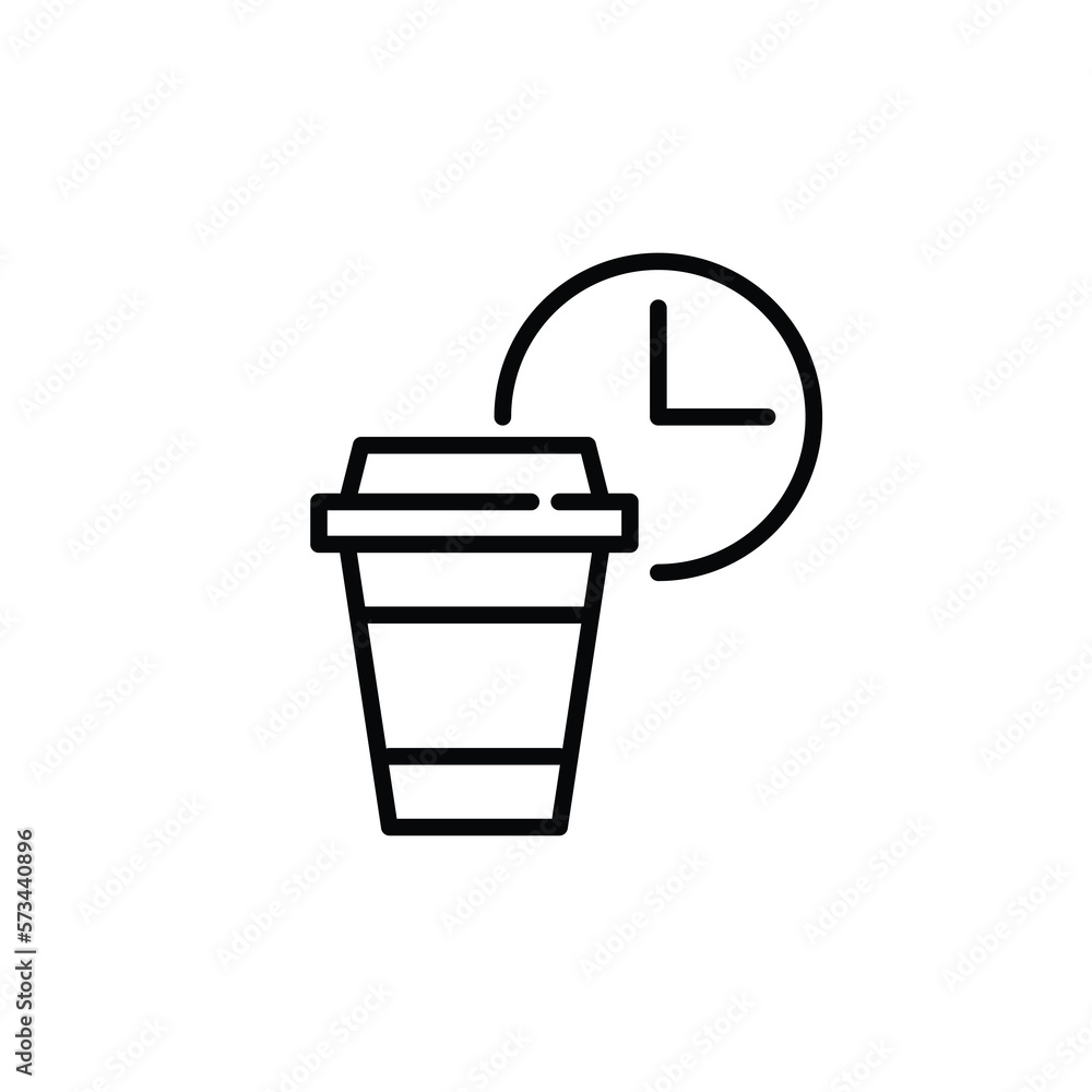 Coffee time. Disposable takeaway cup with clock. Pixel perfect, editable stroke icon Coffee time. Disposable takeaway cup with clock. Pixel perfect, editable stroke icon