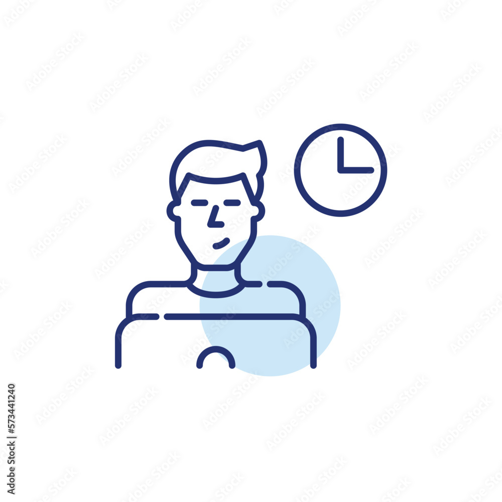 Man working at laptop office hours. Work schedule. Pixel perfect, editable stroke icon Man working at laptop office hours. Work schedule. Pixel perfect, editable stroke icon