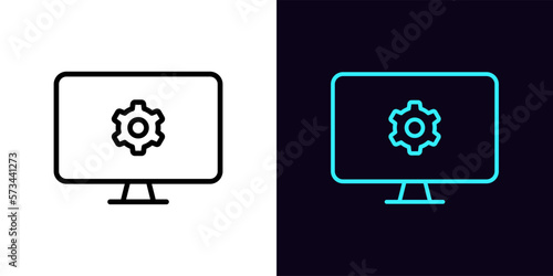 Outline pc monitor icon, with editable stroke. Monitor screen frame with gear wheel sign, display settings pictogram. Monitor screen adjustments, tune, settings control.