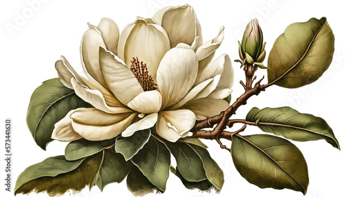 Vintage style Magnolia Flower, transparent background, Generative AI