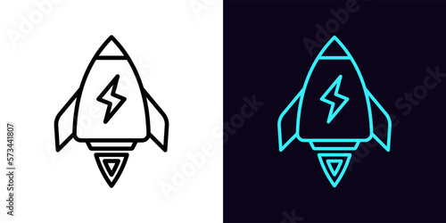 Outline rocket icon, with editable stroke. Space ship frame with lightning sign, fast launch pictogram. Startup growth, flight booster, electric energy power, fast charging.