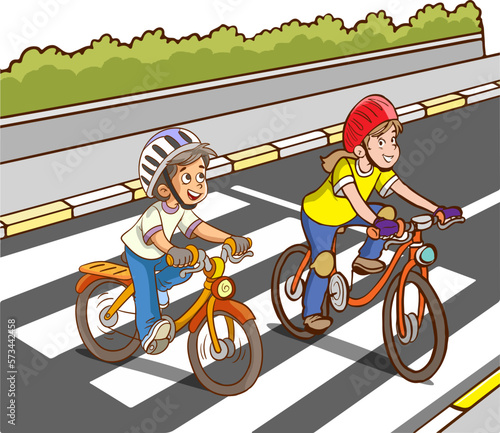 children with bicycles crossing the pedestrian crossing cartoon vector