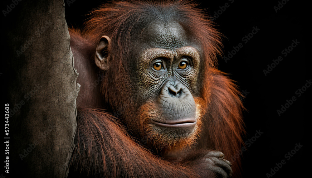 Orangutan close up isolated black created with Generative Ai technology